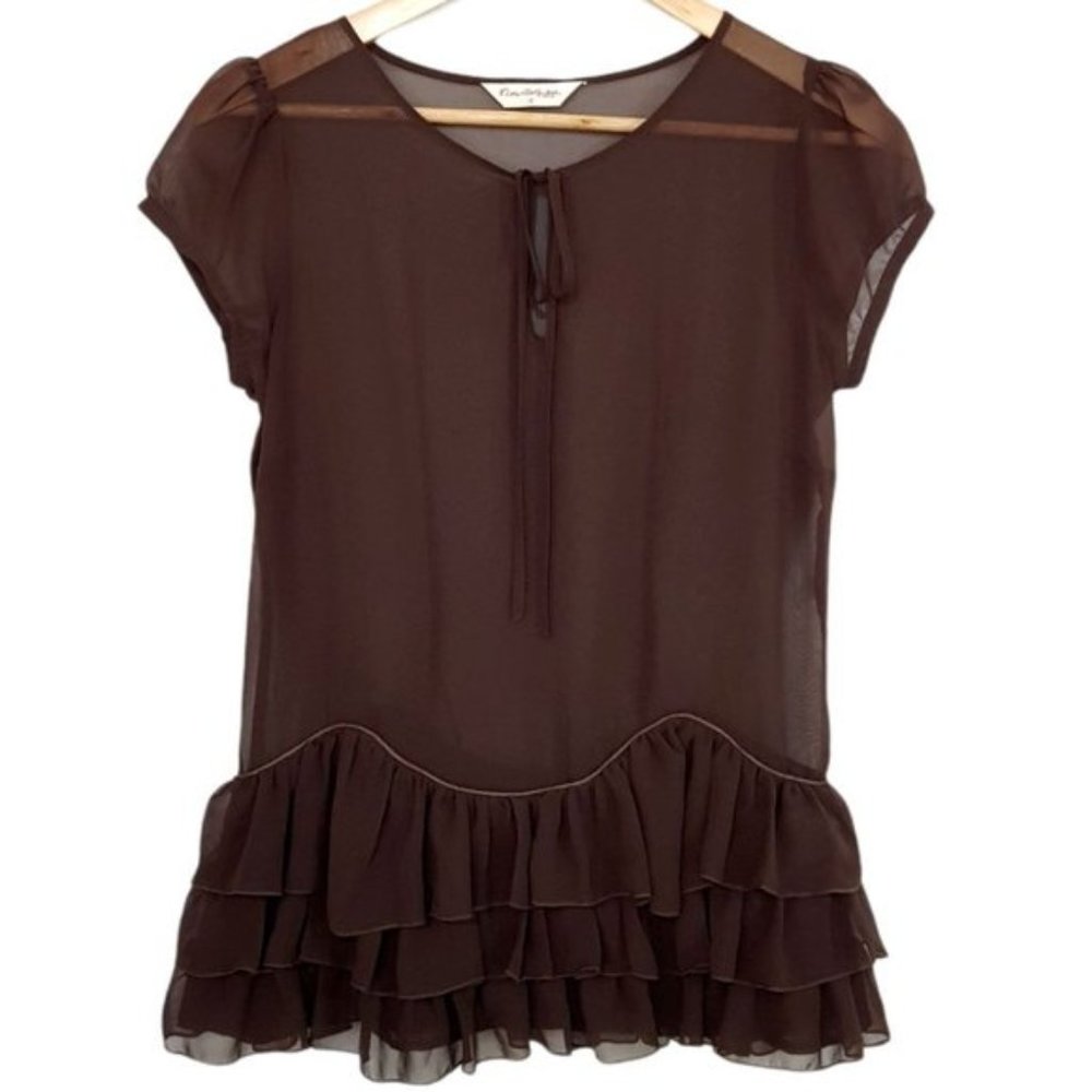 MISS SELFRIDGE Chocolate Brown Sheer Front Tie Ruffle Cap Sleeve Top Size 10